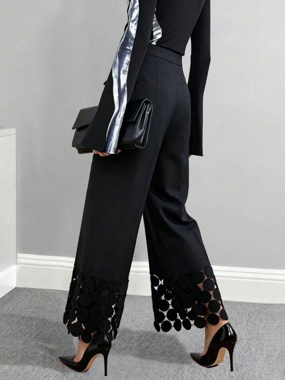 Black Elegant Women's Pants With Lace Hem And Polka Dot Design - Picture 2 of 5